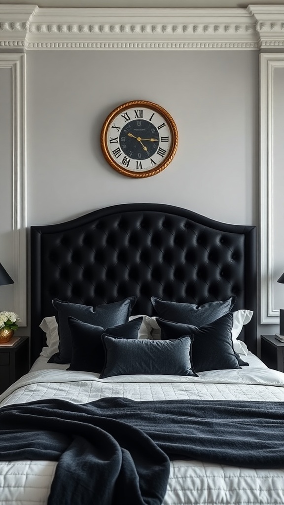 A stylish bedroom featuring a black velvet tufted headboard, decorative pillows, and a wall clock.