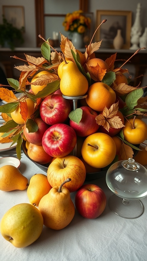 A bold centerpiece featuring a variety of seasonal fruits like apples and pears, surrounded by autumn leaves.