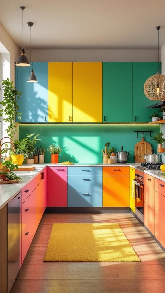 A modern kitchen featuring bold color accents with blue, yellow, green, and pink cabinets, complemented by plants and a yellow rug.