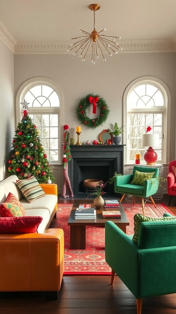 A cozy living room with a Christmas tree, colorful furniture, and bright decor.