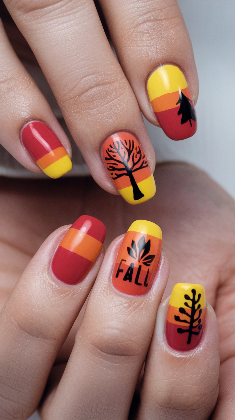 Nail art featuring bold color blocking with fall-themed designs.