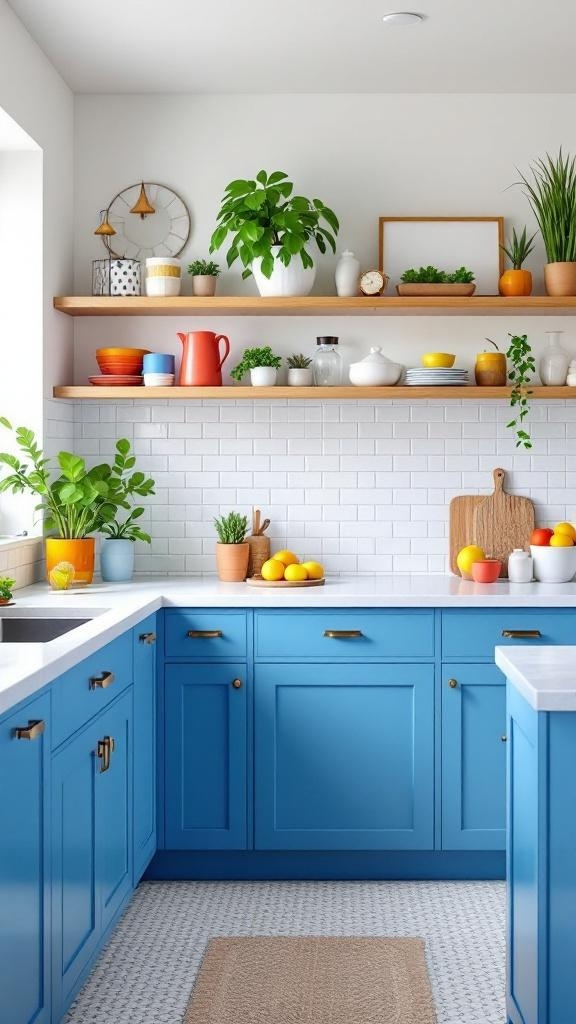 A bright kitchen featuring bold blue cabinets, colorful dishes, and plants on open shelves.