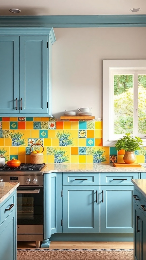 A modern farmhouse kitchen with a vibrant yellow and blue tiled backsplash.