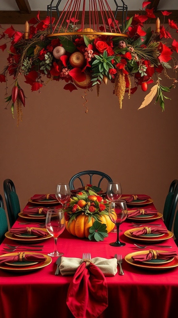 A modern Thanksgiving table with a red tablecloth, floral centerpiece, and elegant place settings.