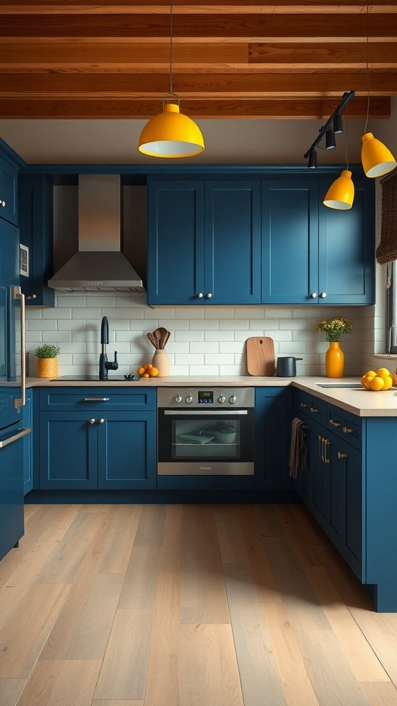 A modern kitchen featuring bold blue cabinets and yellow pendant lights.