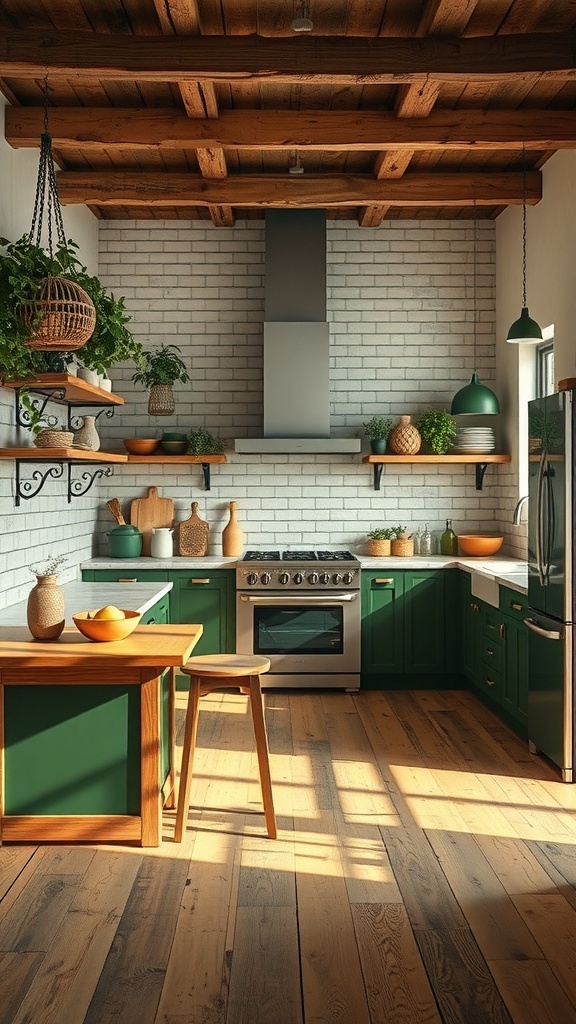 A modern rustic kitchen featuring deep green cabinets, wooden shelves, and bright natural light.