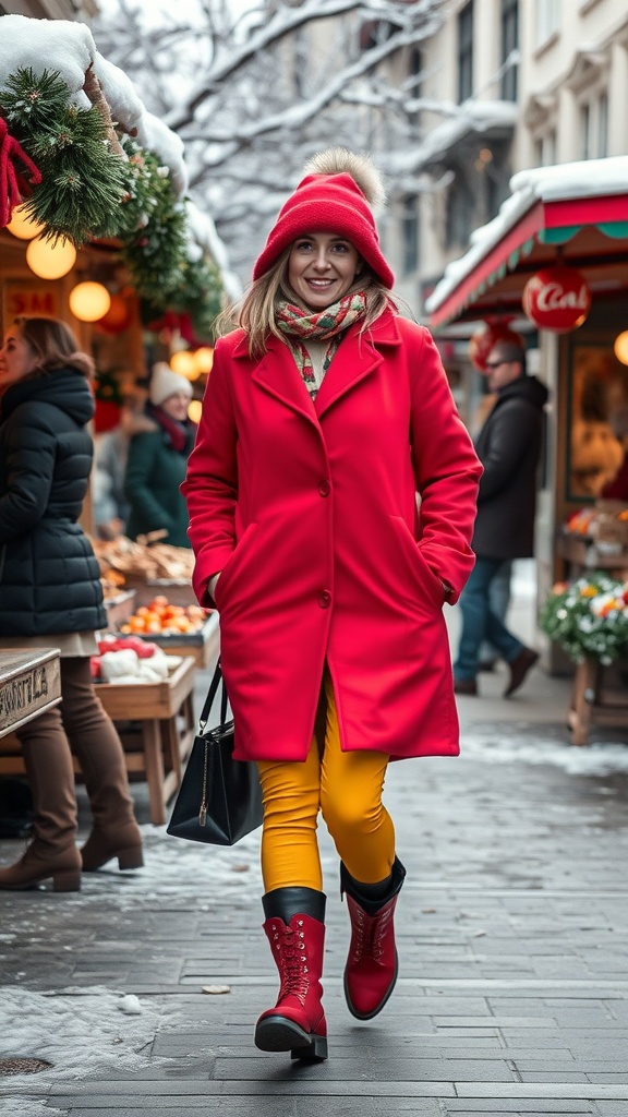 A woman in a red coat, yellow pants, and red boots walking in a snowy market