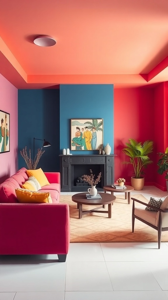 A living room with bold color palettes featuring pink, blue, and red walls, complemented by colorful furniture.
