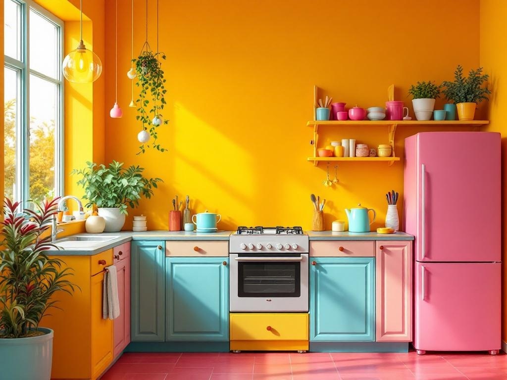 A vibrant kitchen with yellow walls, pink refrigerator, and colorful cabinetry.
