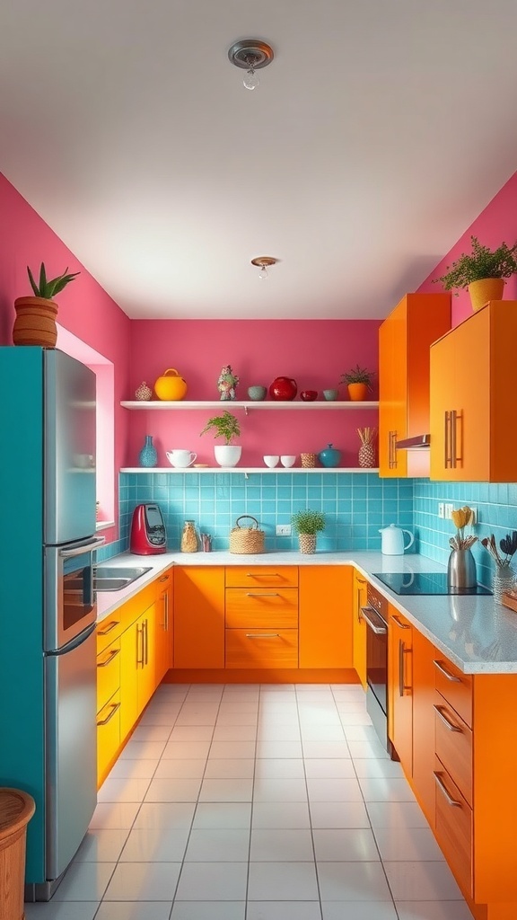 A vibrant kitchen with pink walls, orange cabinets, and a turquoise backsplash, showcasing colorful dishes and plants.