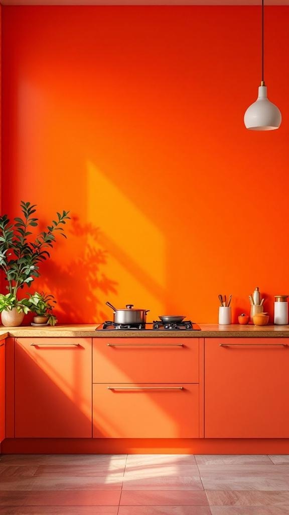A kitchen with a vibrant orange splashback and matching cabinets, featuring a white pendant light and plants.