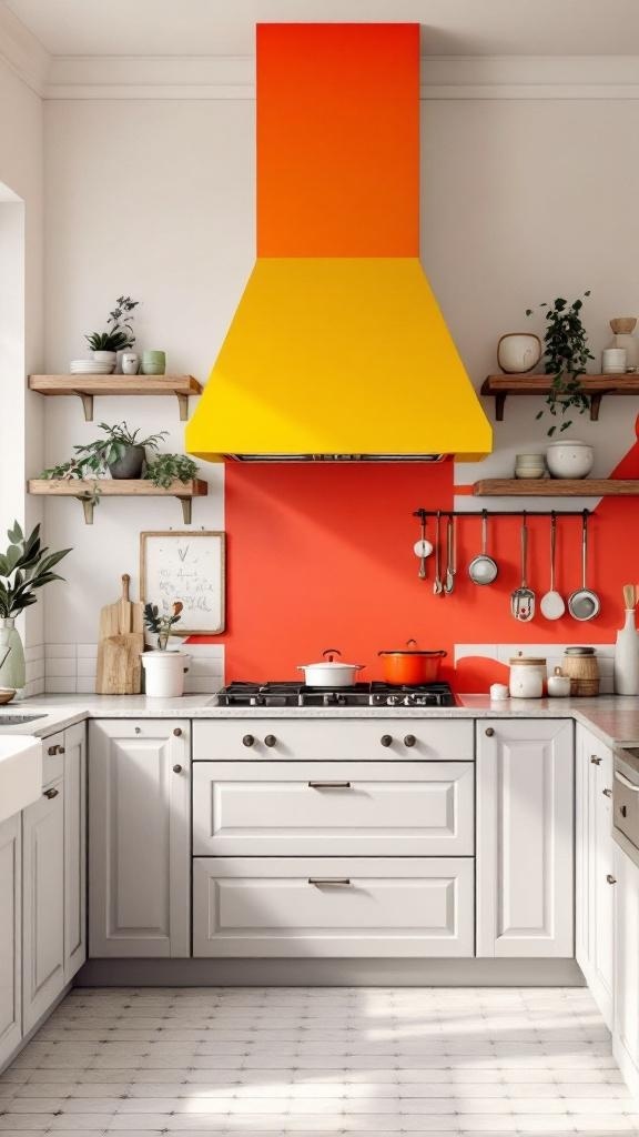 A kitchen with a bold orange and yellow hood, white cabinetry, and open shelving with plants.
