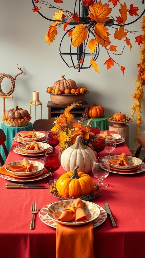 A vibrant Thanksgiving tablescape featuring bold colors, patterned plates, and autumn decorations.