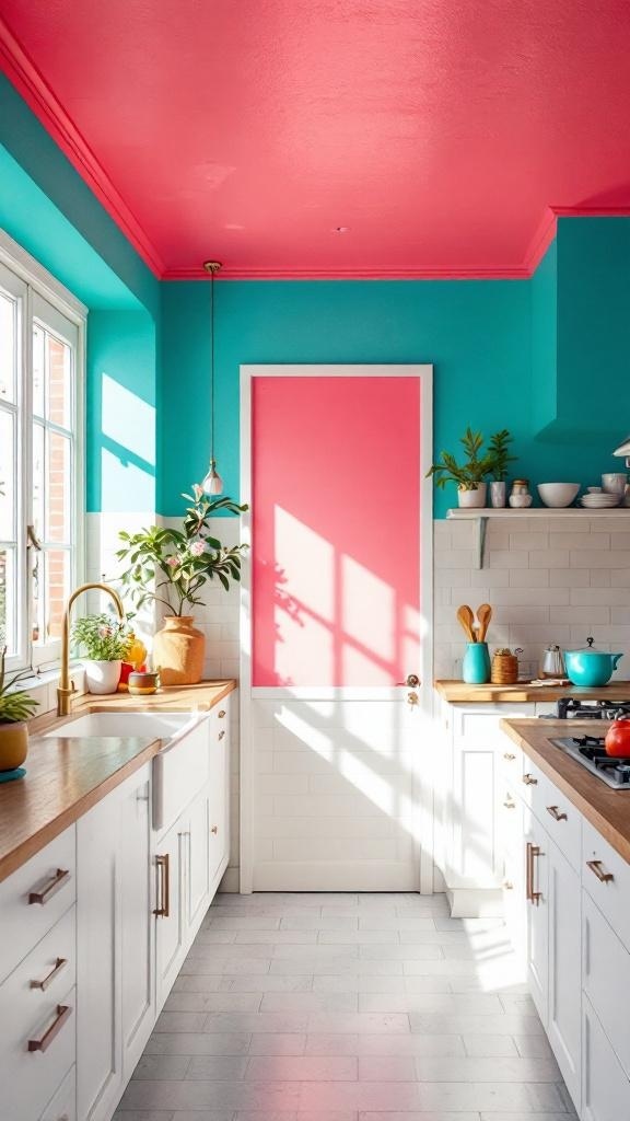 A kitchen featuring a pink ceiling and turquoise walls, with sunlight illuminating the space.