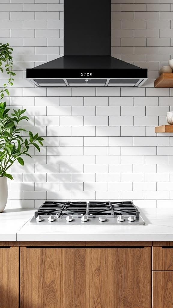 A modern kitchen with a white subway tile backsplash featuring bold black grout lines, a black range hood, and wooden cabinetry.