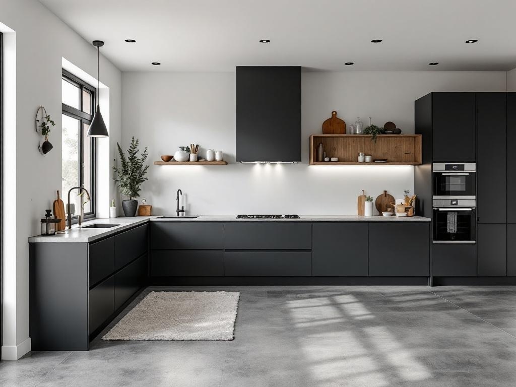 A modern kitchen featuring dark gray cabinets and countertops with wooden accents and plants.