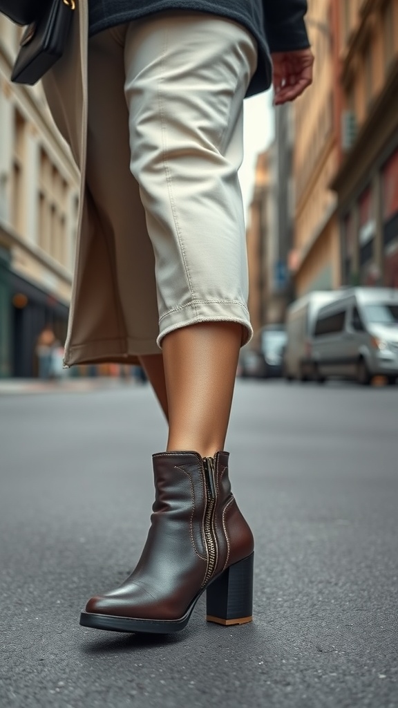 Close-up of a woman's ankle boots on a city street, showcasing a stylish rock chic outfit.