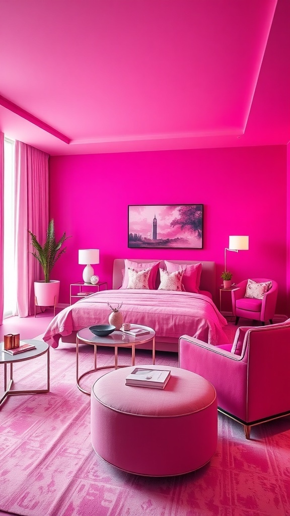 A vibrant pink bedroom featuring fuchsia walls, a cozy bed, and stylish decor.
