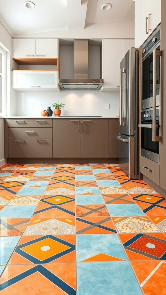 A kitchen with bold geometric tile designs in vibrant colors on the floor.