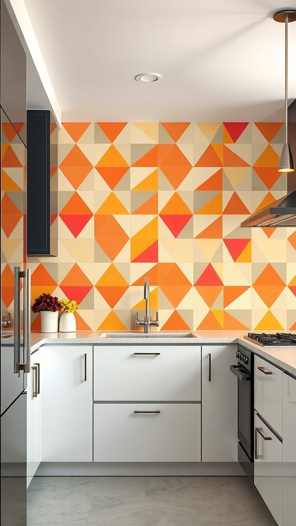 A kitchen featuring bold geometric wallpaper with orange, red, and beige triangles.