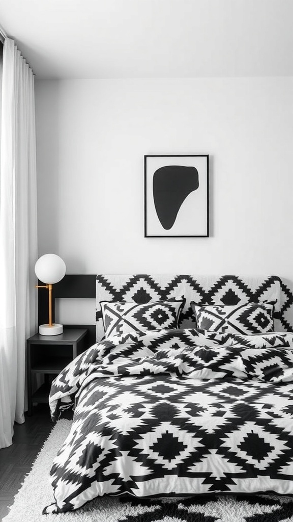 A black and white bedroom featuring bold geometric patterns in the bedding and wall art.