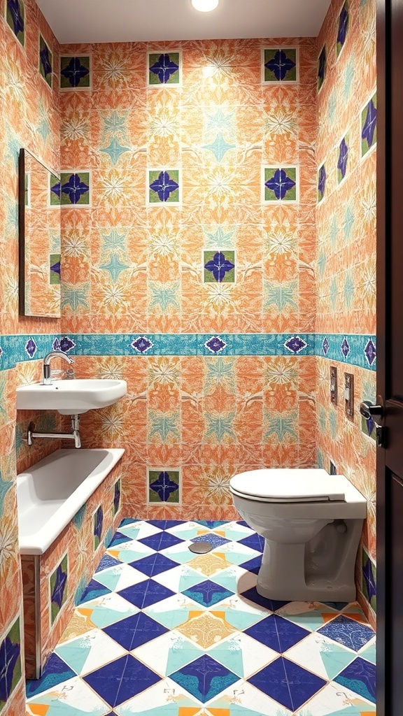 A bathroom featuring bold geometric patterned tiles in vibrant colors.