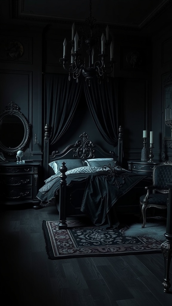 A dark, gothic-inspired bedroom featuring black furniture, rich fabrics, and elegant decor.