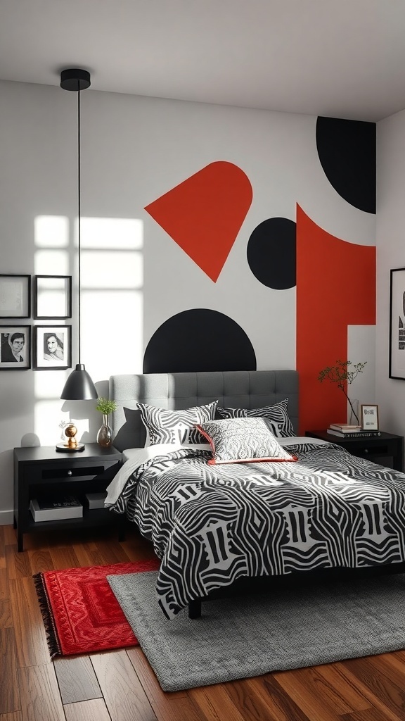A modern teen girl's bedroom featuring bold graphic patterns in bedding and wall art.