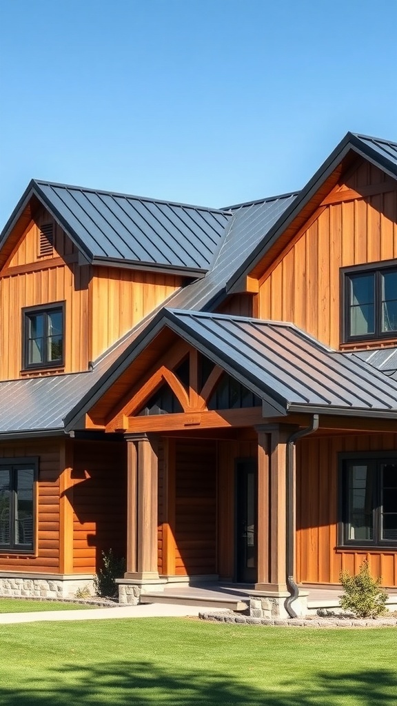 A rustic modern farmhouse with bold metal roofing and wooden accents.