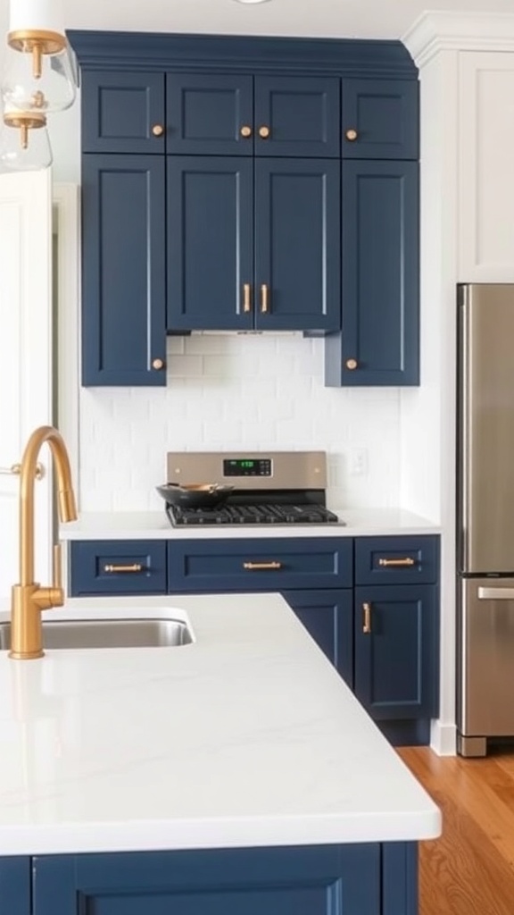 A modern kitchen featuring navy blue cabinets with gold hardware and white countertops.