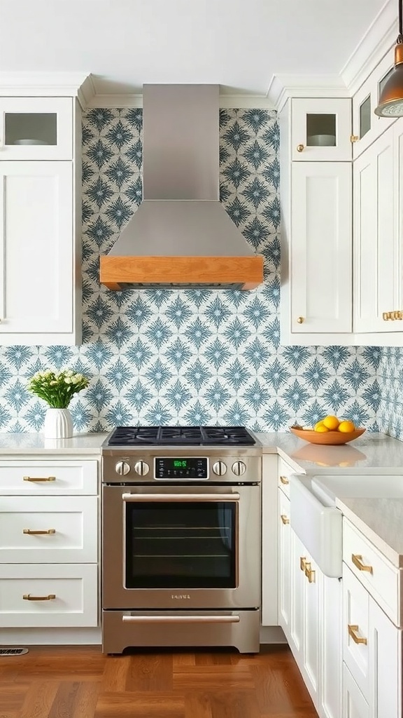 A farmhouse kitchen featuring bold patterned cement tiles as a backsplash.