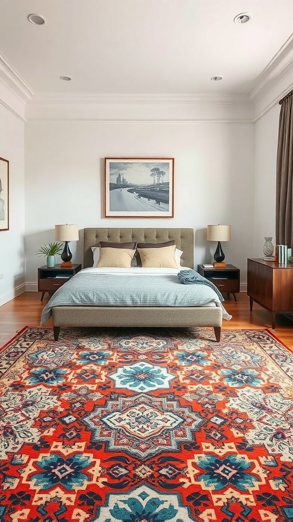 A bedroom with a large, colorful patterned rug featuring intricate designs.