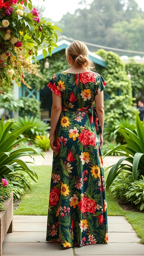 A woman wearing a floral print maxi dress in a garden setting.