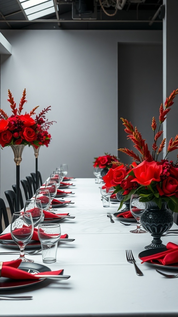 A beautifully set dining table featuring red flowers, black plates, and elegant glassware.