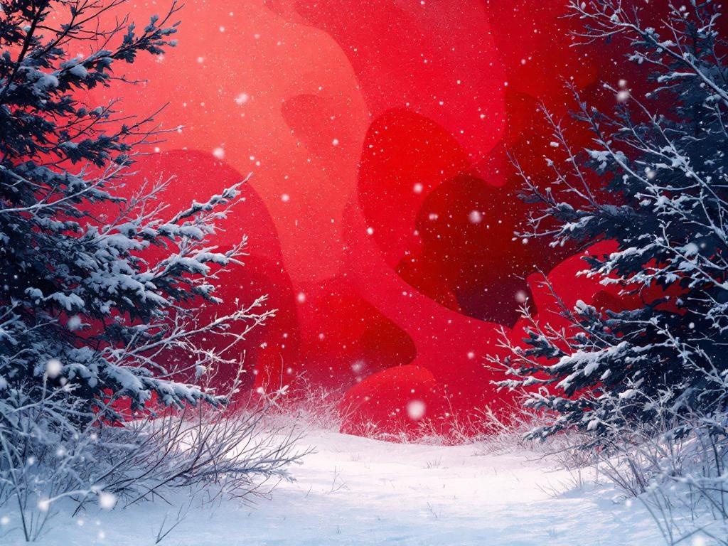 A winter landscape featuring snow-covered trees against a bold red background with falling snowflakes.
