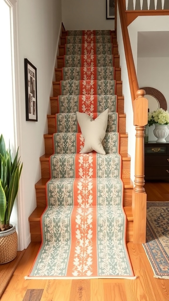 A staircase featuring a colorful runner with floral patterns.
