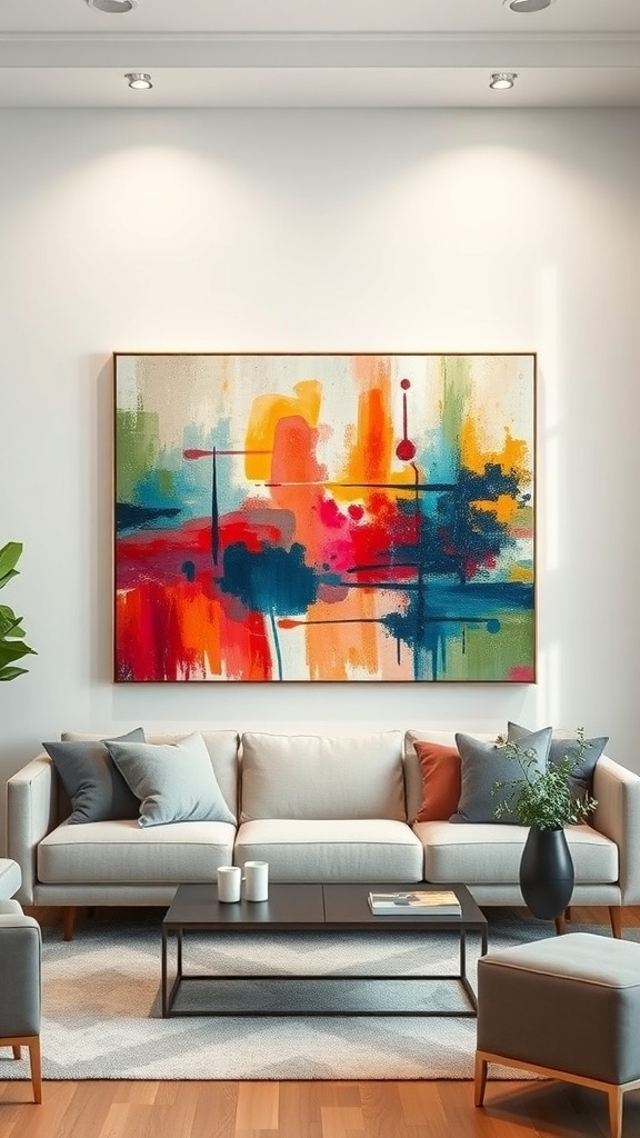 A vibrant abstract art piece displayed on a living room wall above a light-colored sofa, with decorative pillows and a coffee table.