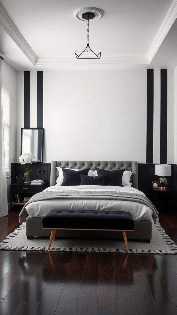 A luxurious black and white bedroom featuring bold striped accent walls.