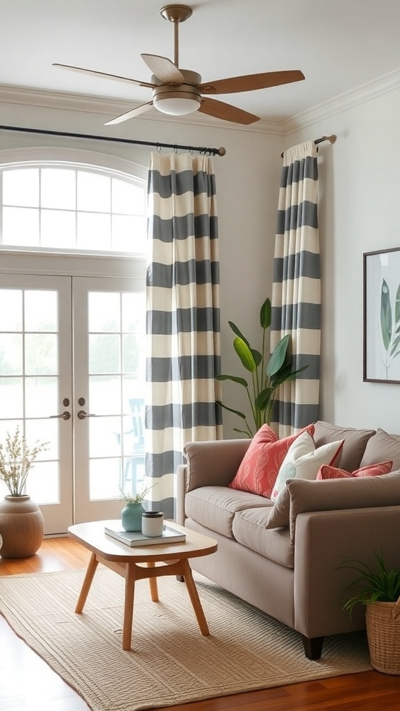 Living room with bold striped curtains, a cozy sofa, and a modern coffee table.