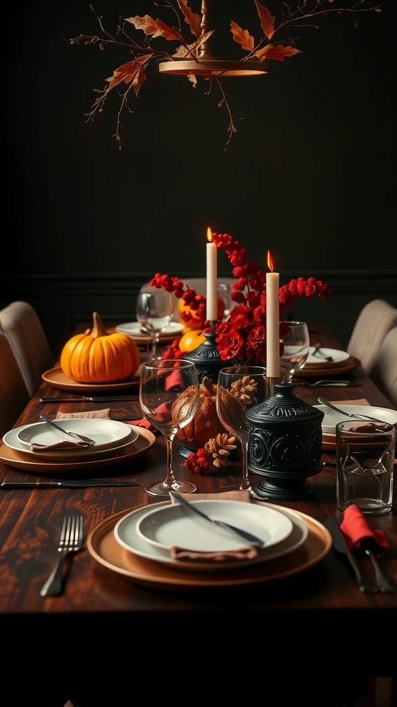A beautifully arranged Thanksgiving table featuring bold tableware, pumpkins, and floral centerpieces.