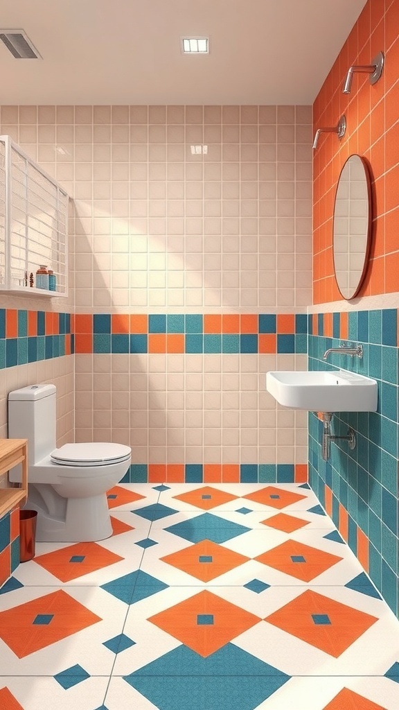 A modern bathroom featuring bold tile patterns in orange, teal, and white.
