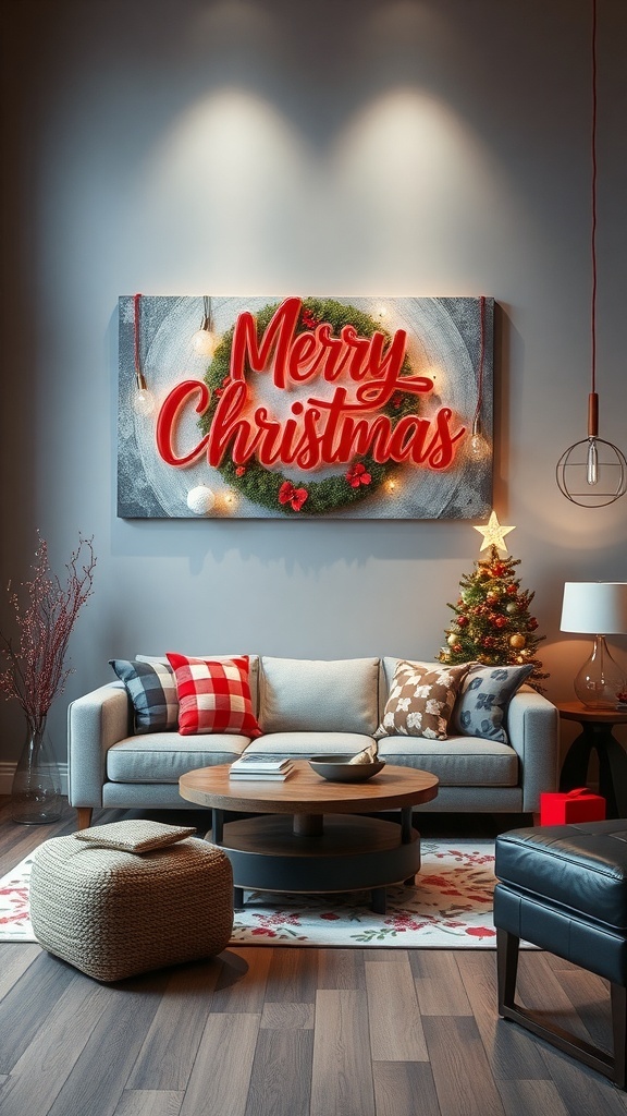 A cozy living room with a bold 'Merry Christmas' wall art, decorated for the holidays.