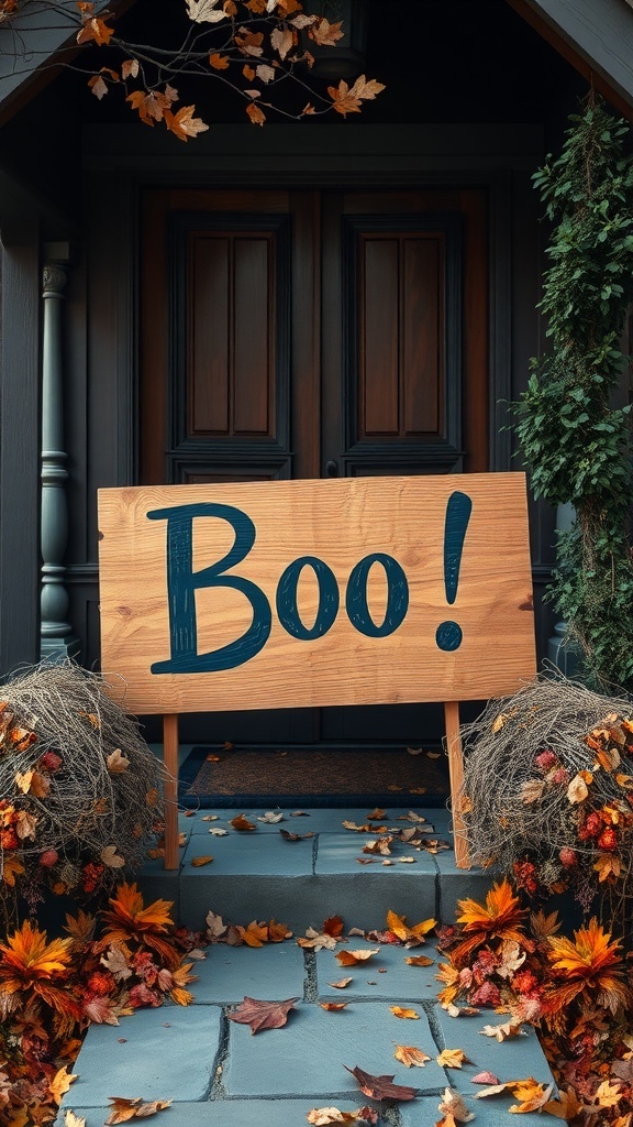 A wooden sign saying 'Boo!' in front of a decorated entryway with autumn leaves.