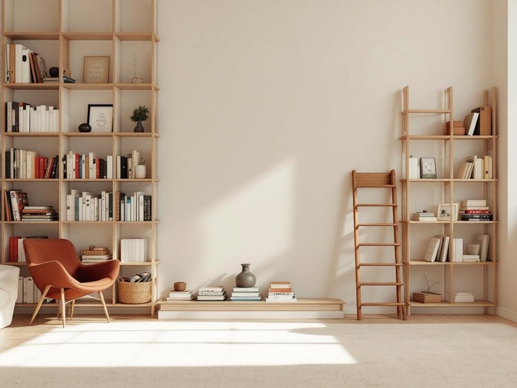 A cozy reading nook featuring a bookshelf wall with a ladder for access, a comfortable chair, and decorative elements.