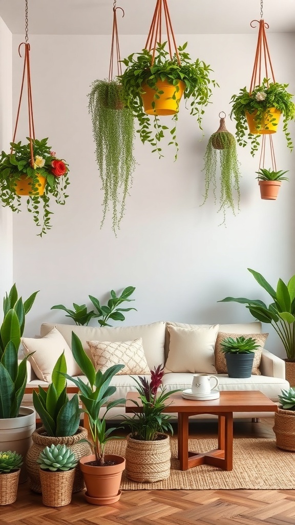 A cozy living room with various plants in pots and hanging planters, showcasing a rustic chic decor style.