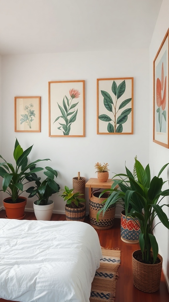 A cozy bedroom featuring botanical prints on the walls and various indoor plants.