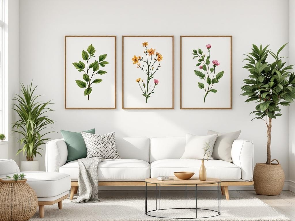 Three botanical wall art prints above a white sofa in a bright living room