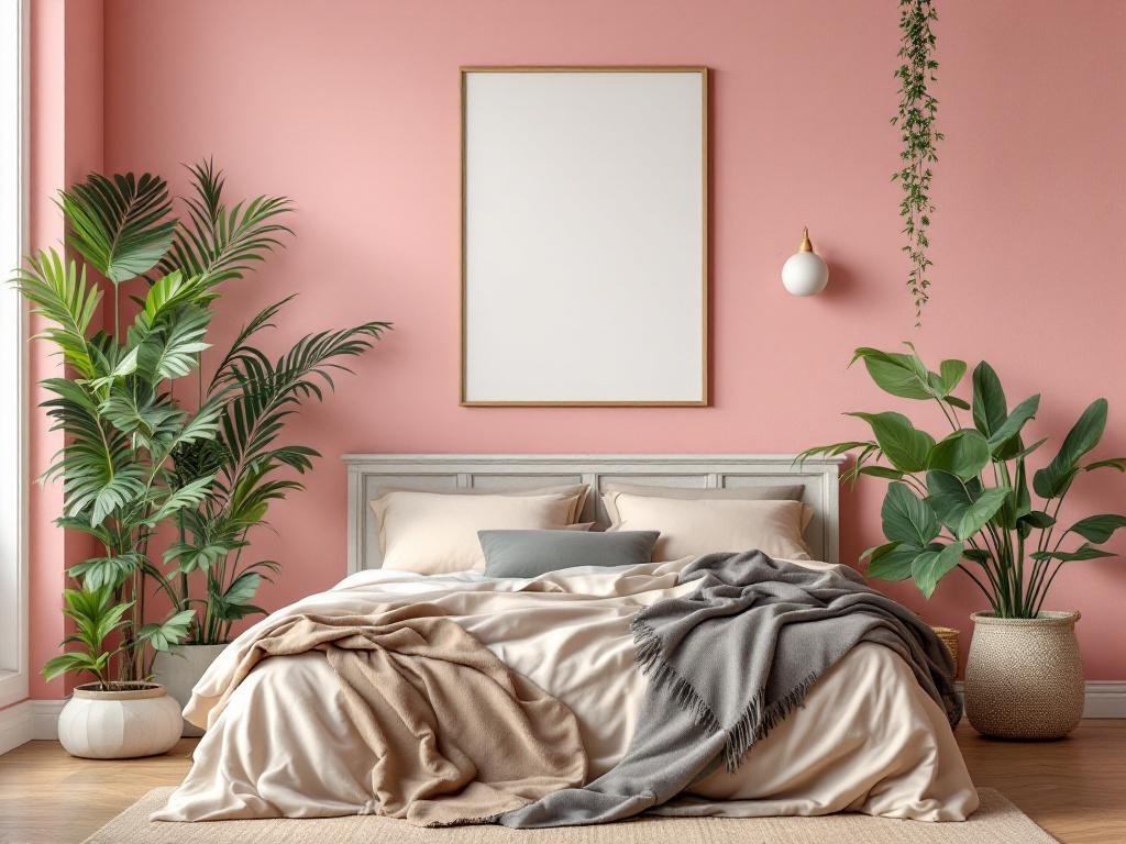 A cozy bedroom with earthy pink walls, a bed with soft blankets, and green plants, featuring an empty frame for botanical wall art.