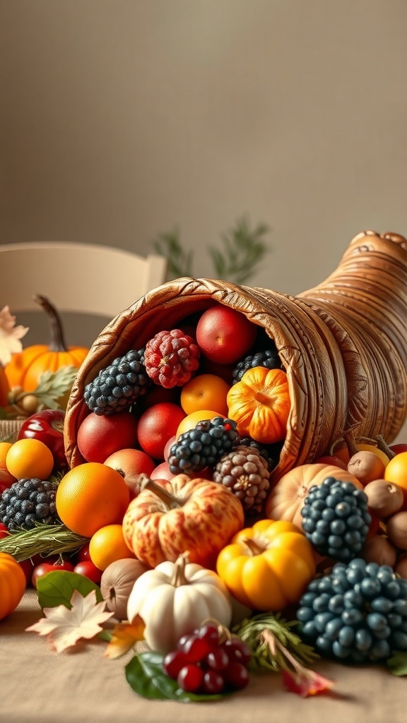 A cornucopia filled with colorful fruits and vegetables, symbolizing abundance for Thanksgiving.