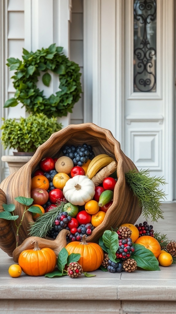 A cornucopia overflowing with fruits and vegetables on a porch, surrounded by greenery and pinecones.